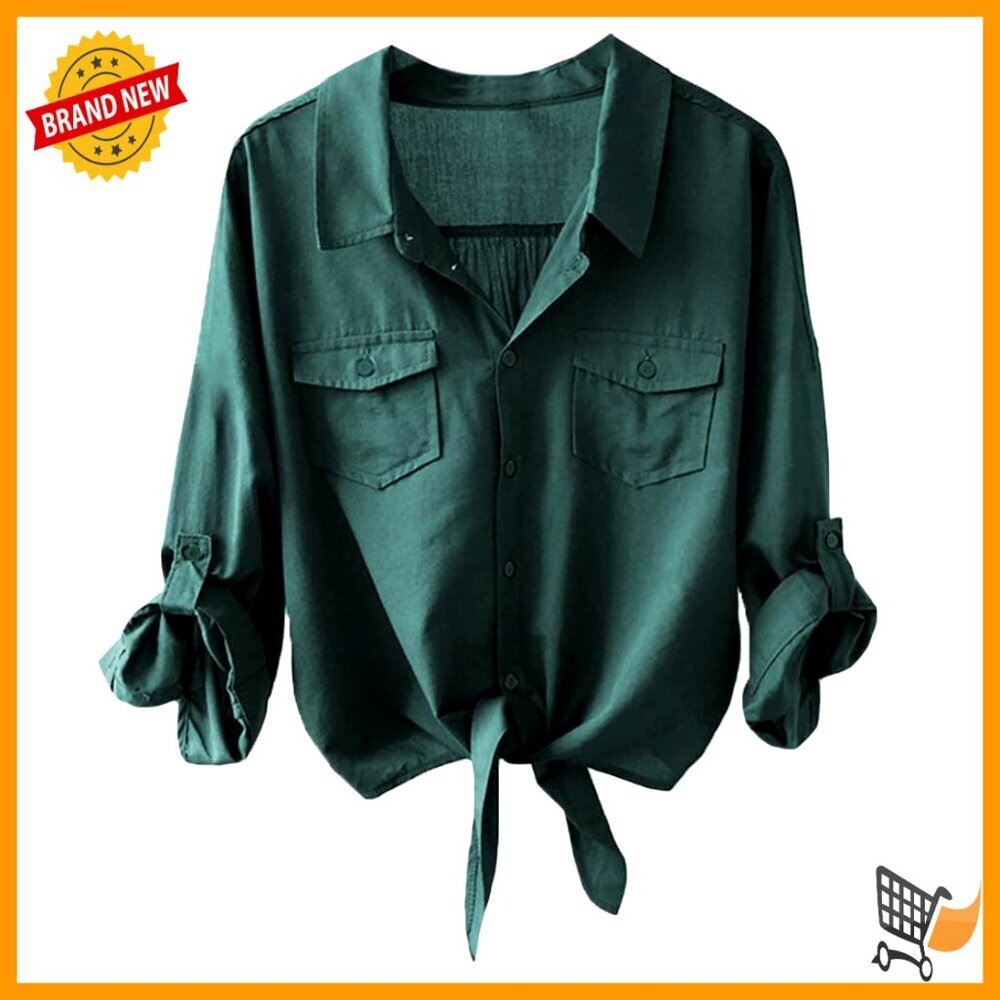 Women's 3/4 Sleeve V-Neck Button Down Shirt Tie Front Loose Fit Blouse